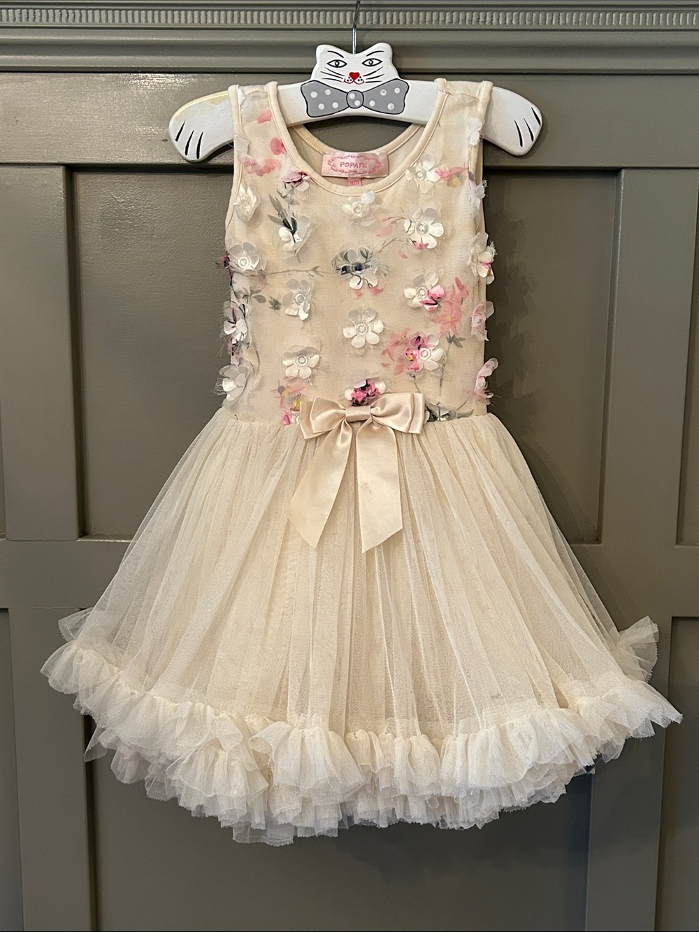 Popatu 3D Floral Dress Tutu Formal Flower Girl Ivory Cream Size 2T / 3T